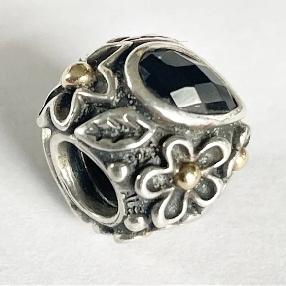 Pandora Dew Drops on Flowers Diamond Charm w/14k Details, Onyx & Diamonds - Picture 16 of 16